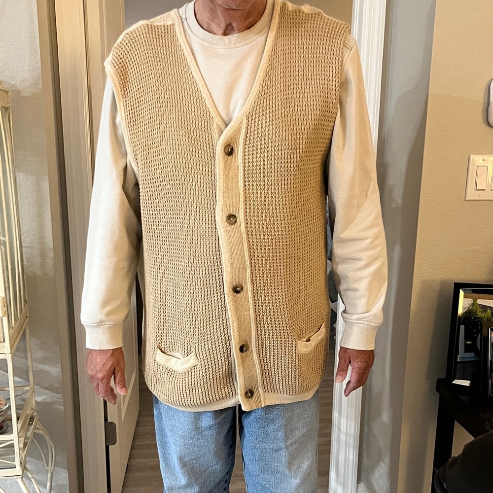 Eddie Bauer VTG LINEN /Cotton Cream /Tan Knit Cardigan Vest Hong Kong Sz XL Tall